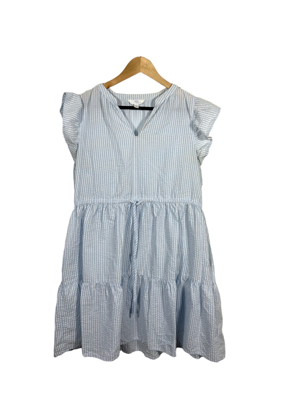 Time and Tru Blue White Seersucker Tiered Dress L 12-14 Pockets